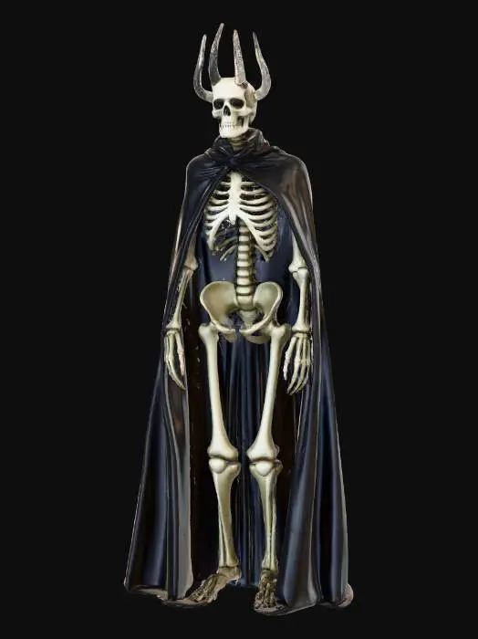 3D model for tall terrifying skeletal king wearing a cracked stone crown fused into its skull, hollow ribcage with a swirling void of darkness inside, cloak made of shadow-like torn material, long bone claws, faint smoke leaking from eye sockets, gothic horror aesthetic, ancient undead god vibe, highly detailed bones and weathered textures, cinematic dark lighting, ultra realistic high detail horror creature