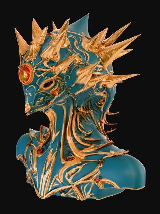 3D model for godlike alien dimensional crown, sharp angular geometry with smooth organic curvature, floating pieces connected by glowing energy, central living eye made from translucent crystal, gold titanium mixed with matte black metal, glowing etch symbols, subtle breathing motion, ultra realistic high detail texture, otherworldly presence, futuristic but ancient, highly detailed 3D sci-fi artifact