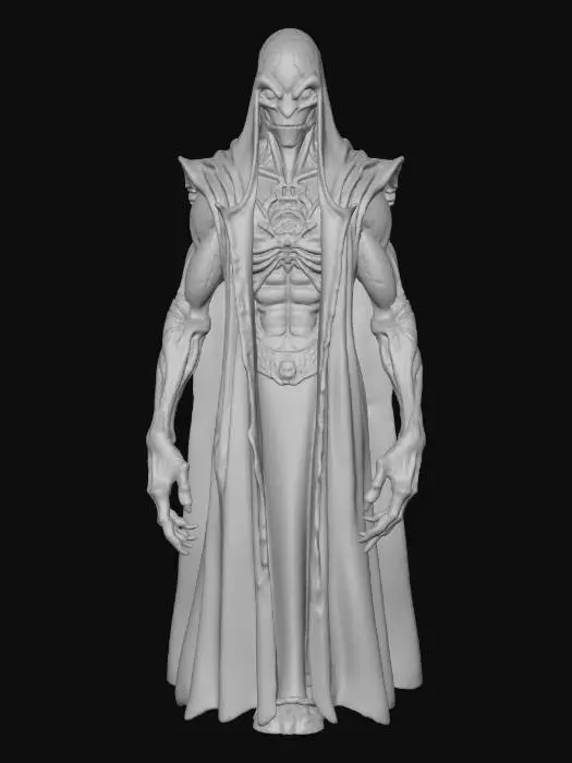3D model for ancient alien ruler creature frozen between life and death, tall humanoid form covered in cracked stone like skin, hollow glowing chest cavity filled with swirling energy instead of organs, faint smoke leaking from eye sockets, regal but horrifying presence, gothic alien fantasy aesthetic, extremely detailed realistic textures, cinematic dramatic shadows, terrifying but clean horror design