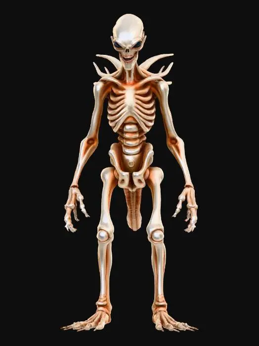 3D model for terrifying alien creature crawling on twisted elongated limbs, thin skeletal frame covered in leathery pale skin, spine and ribs visible, head slightly wrong proportions with sunken eye sockets glowing faintly, realistic horror creature design, detailed skin pores and veins, unsettling posture, cinematic moody lighting, hyper realistic detailed 3d creature sculpt, creepy atmosphere