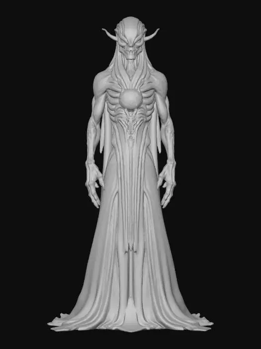 3D model for ancient alien ruler creature frozen between life and death, tall humanoid form covered in cracked stone like skin, hollow glowing chest cavity filled with swirling energy instead of organs, faint smoke leaking from eye sockets, regal but horrifying presence, gothic alien fantasy aesthetic, extremely detailed realistic textures, cinematic dramatic shadows, terrifying but clean horror design