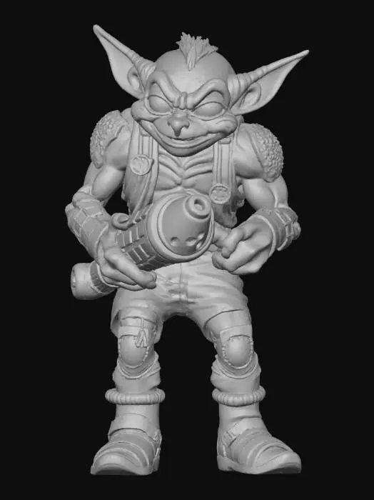3D model for Stylized 3D keyboard warrior monster, half-human half-goblin, hunched over keyboard like a weapon, massive hands, tiny legs, smug toxic smile, glowing screen face light, messy desk merged into body, humorous satire, cartoon realism, clean sculpt, watertight mesh, printable statue