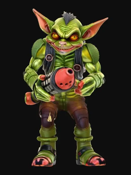 3D model for Stylized 3D keyboard warrior monster, half-human half-goblin, hunched over keyboard like a weapon, massive hands, tiny legs, smug toxic smile, glowing screen face light, messy desk merged into body, humorous satire, cartoon realism, clean sculpt, watertight mesh, printable statue