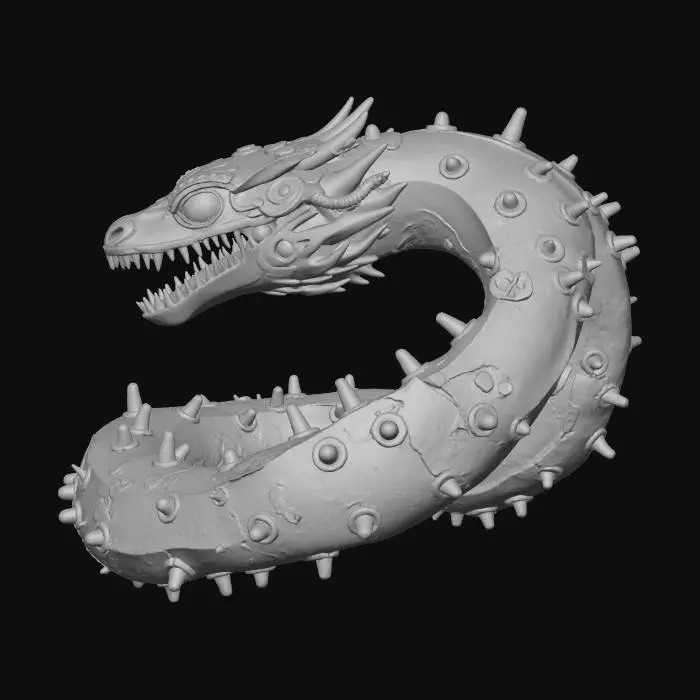 3D model for A highly detailed fantasy sculpture of a giant serpent made from broken antique clock parts and gold gears, wrapping around an invisible floating core, hyper realistic metal textures, floating gears orbiting around it, glowing gemstone eyes, premium art museum sculpture, dramatic lighting, strong geometric structure, highly detailed, printable