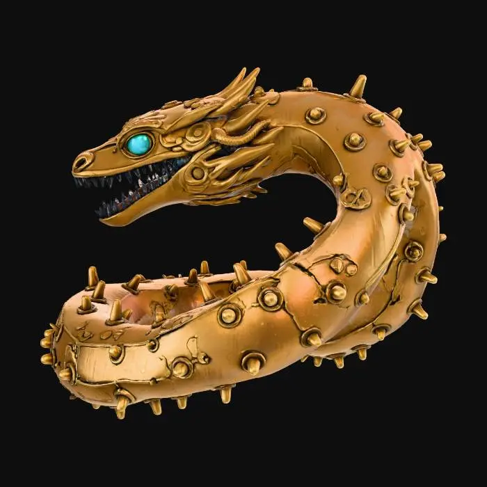 3D model for A highly detailed fantasy sculpture of a giant serpent made from broken antique clock parts and gold gears, wrapping around an invisible floating core, hyper realistic metal textures, floating gears orbiting around it, glowing gemstone eyes, premium art museum sculpture, dramatic lighting, strong geometric structure, highly detailed, printable