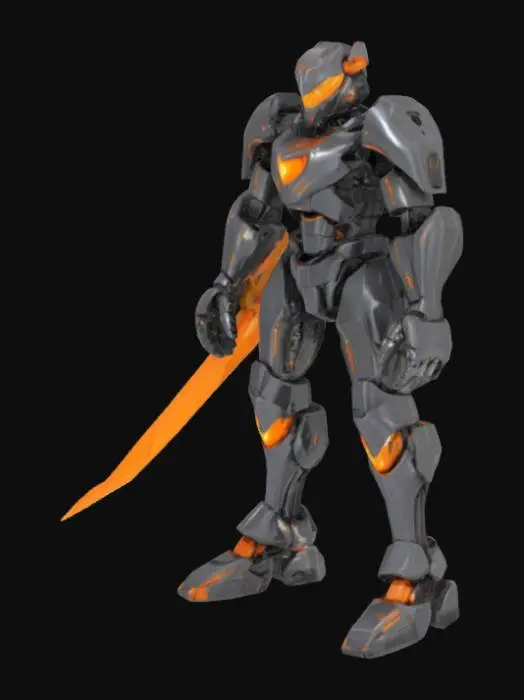 3D model for A formidable humanoid robot stands powerfully in an A-pose posture, clad in sleek, dark gunmetal grey armor with a polished, metallic finish. Bright, glowing orange accents illuminate intricate internal mechanisms and vents across its segmented limbs and torso. A prominent circular orange core pulses on its chest. The robot holds a long, straight energy sword in its left hand, its blade emanating a vibrant orange glow.