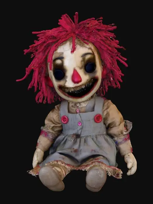 3D model for #Halloween2025#, A small, tattered Raggedy Ann-style doll sits slumped on barren ground, her once vibrant cloth dress now dull and ripped, streaked with fresh dirt and grime. Her button eyes stare blankly forward, but her fabric head is twisted 180 degrees backwards, revealing a stitched, unsettlingly wide, eerie grin painted on her rotated face. Her yarn hair is matted and disheveled, adding to her neglected, unsettling appearance.