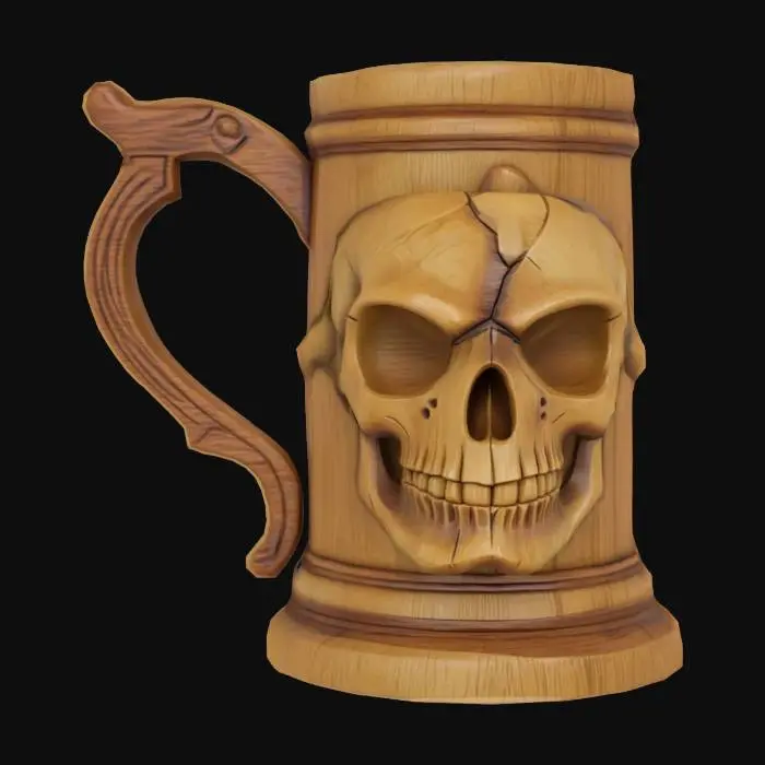 3D model for a low poly wooden tankard mug with a skull design. ultra realistic. 