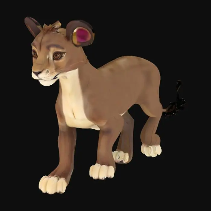 3D model for изящная львица средних размеров с шоколадно-коричневой шерстью, бледно-кремовыми подпалинами на животе и шее, тёмно-коричневым пятном на спине. На ушах — тёмные ободки, характерные для львов этой вселенной. Глаза карие, нос ярко-розовый, с закруглёнными краями. Веки охристого оттенка, с пятнышком-«бровью» сверху. На правой лапе — маленький шрам. 
