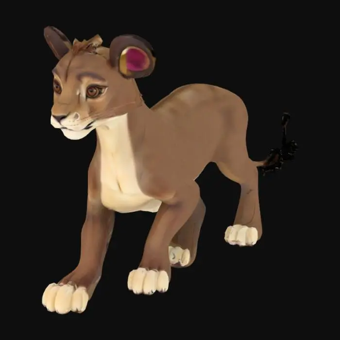 3D model for изящная львица средних размеров с шоколадно-коричневой шерстью, бледно-кремовыми подпалинами на животе и шее, тёмно-коричневым пятном на спине. На ушах — тёмные ободки, характерные для львов этой вселенной. Глаза карие, нос ярко-розовый, с закруглёнными краями. Веки охристого оттенка, с пятнышком-«бровью» сверху. На правой лапе — маленький шрам. 