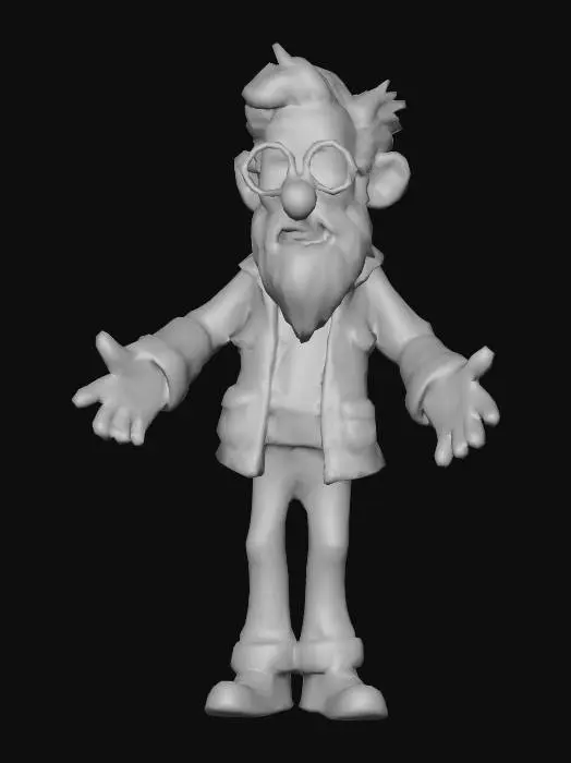 3D model for cartoon character of a slim OLDMAN  IN T-pose with large round glasses and white beard, in casual clothing with rolled-up jeans and brown shoes,  featuring smooth textures.