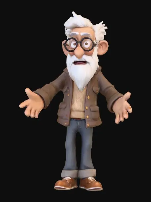 3D model for cartoon character of a slim OLDMAN  IN T-pose with large round glasses and white beard, in casual clothing with rolled-up jeans and brown shoes,  featuring smooth textures.