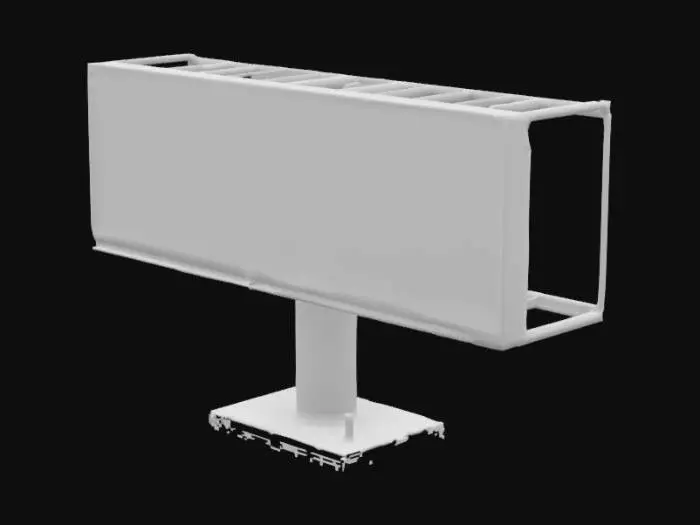 3D model for Realistic 3D model of a modern landscape billboard with a single central cylindrical support pillar; wide horizontal rectangular display panel (16:9 aspect ratio); metallic frame with weathered texture; empty blank white screen ready for digital content; structural support beams visible behind panel; standing on a concrete base; suitable for roadside or urban placement; clean lighting with soft shadows; high-resolution PBR materials; modeled for real-world scale.