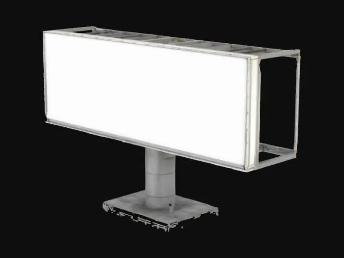 3D model for Realistic 3D model of a modern landscape billboard with a single central cylindrical support pillar; wide horizontal rectangular display panel (16:9 aspect ratio); metallic frame with weathered texture; empty blank white screen ready for digital content; structural support beams visible behind panel; standing on a concrete base; suitable for roadside or urban placement; clean lighting with soft shadows; high-resolution PBR materials; modeled for real-world scale.