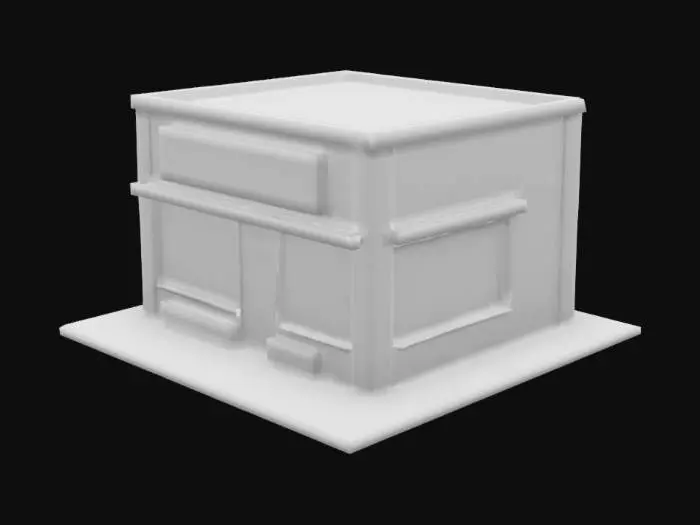 3D model for Low-poly 3D model of a small, box-shaped retail shop with a rectangular footprint and flat roof. Front features a large glass window and centered double glass doors with thin metal frames. Above, a blank rectangular signboard. Side walls are plain, each with a small square window. Roof is flat with slight front overhang. Use simple PBR materials: muted brick or concrete walls, glossy glass, matte metal frames. Optimize for real-time use in Unity with clean topology and UVs.

