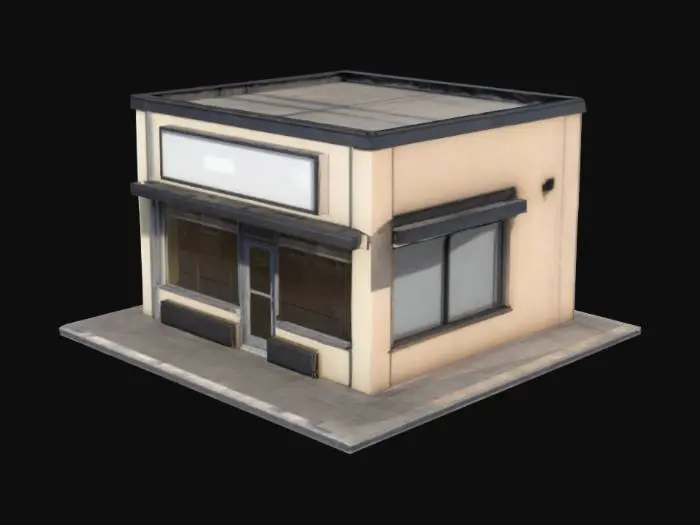 3D model for Low-poly 3D model of a small, box-shaped retail shop with a rectangular footprint and flat roof. Front features a large glass window and centered double glass doors with thin metal frames. Above, a blank rectangular signboard. Side walls are plain, each with a small square window. Roof is flat with slight front overhang. Use simple PBR materials: muted brick or concrete walls, glossy glass, matte metal frames. Optimize for real-time use in Unity with clean topology and UVs.

