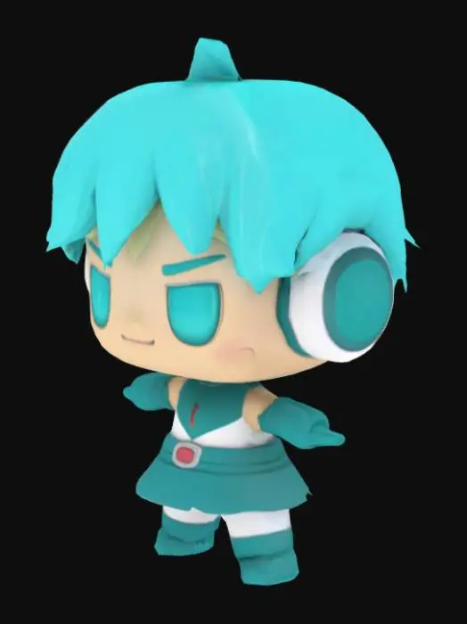 3D model for “Create a chibi-style 3D T-pose model of Lucky Cyan from ‘To Be Hero X.’ Features an oversized head with large, expressive cyan eyes, and a small, stylized body. Arms extended horizontally (T-pose) with hands open and fingers slightly spread. Outfit: simplified teal-and-white hero suit with short puffed sleeves, knee-high boots, and a compact utility belt. Geometry should be clean and rounded, optimized for real-time use in Unity. Provide smooth PBR materials—glossy highlights on armor panels, matte on fabric—and subtle emissive cyan accents on her belt and boots. Include a basic humanoid rig with proper joint placement for head rotation, arm raises, and leg bends.”  
