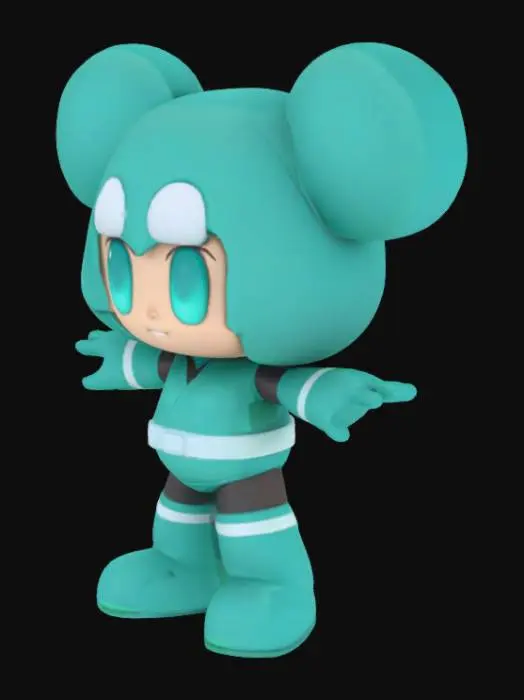 3D model for “Create a chibi-style 3D T-pose model of Lucky Cyan from ‘To Be Hero X.’ Features an oversized head with large, expressive cyan eyes, and a small, stylized body. Arms extended horizontally (T-pose) with hands open and fingers slightly spread. Outfit: simplified teal-and-white hero suit with short puffed sleeves, knee-high boots, and a compact utility belt. Geometry should be clean and rounded, optimized for real-time use in Unity. Provide smooth PBR materials—glossy highlights on armor panels, matte on fabric—and subtle emissive cyan accents on her belt and boots. Include a basic humanoid rig with proper joint placement for head rotation, arm raises, and leg bends.”  
