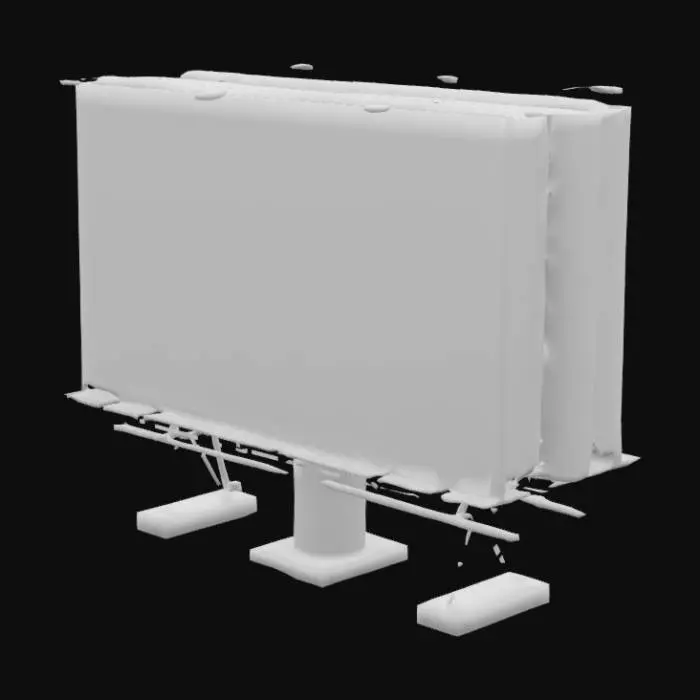 3D model for Realistic 3D model of a modern landscape billboard with a single central cylindrical support pillar; wide horizontal rectangular display panel (16:9 aspect ratio); metallic frame with weathered texture; empty blank white screen ready for digital content; structural support beams visible behind panel; standing on a concrete base; suitable for roadside or urban placement; clean lighting with soft shadows; high-resolution PBR materials; modeled for real-world scale.