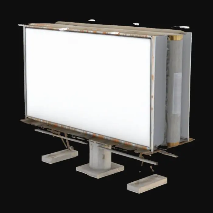3D model for Realistic 3D model of a modern landscape billboard with a single central cylindrical support pillar; wide horizontal rectangular display panel (16:9 aspect ratio); metallic frame with weathered texture; empty blank white screen ready for digital content; structural support beams visible behind panel; standing on a concrete base; suitable for roadside or urban placement; clean lighting with soft shadows; high-resolution PBR materials; modeled for real-world scale.