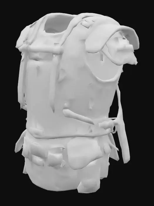 3D model for A stylized samurai breastplate that fuses traditional Japanese armor design with elements inspired by World War II military aesthetics. The armor is crafted from modernized, battle-worn metal with a sleek, utilitarian look, but retains the iconic curves and segmented plating of classical samurai gear. The entire breastplate is painted in clean, matte white with brown leather straps. Subtle mechanical details like reinforced rivets, ventilation slits, and WWII-era fastenings are integrated into the design. 