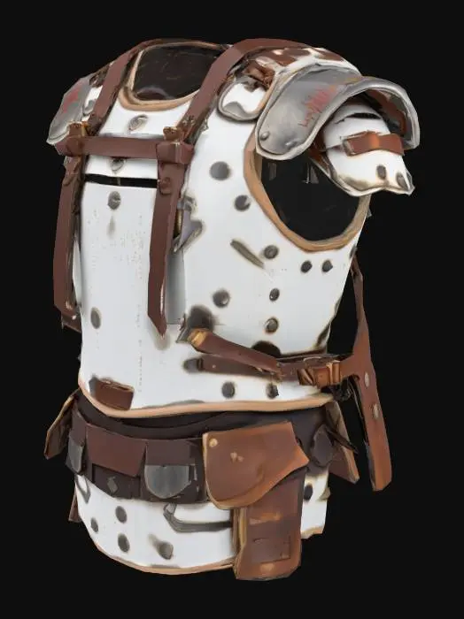 3D model for A stylized samurai breastplate that fuses traditional Japanese armor design with elements inspired by World War II military aesthetics. The armor is crafted from modernized, battle-worn metal with a sleek, utilitarian look, but retains the iconic curves and segmented plating of classical samurai gear. The entire breastplate is painted in clean, matte white with brown leather straps. Subtle mechanical details like reinforced rivets, ventilation slits, and WWII-era fastenings are integrated into the design. 