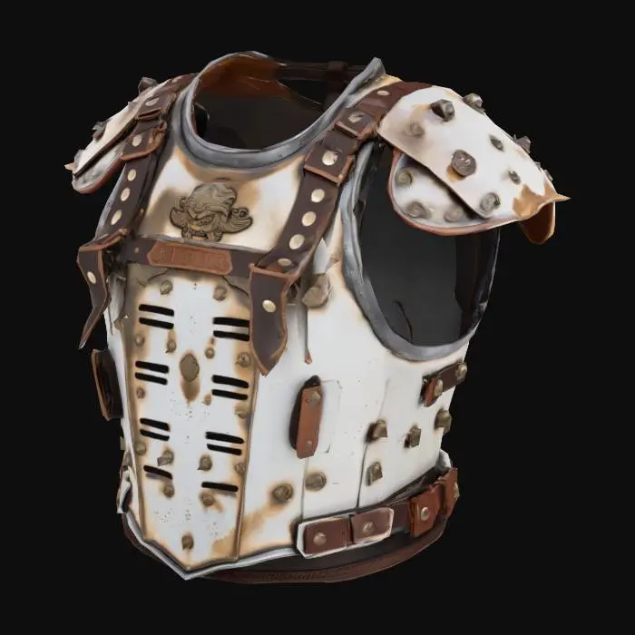 3D model for A stylized samurai breastplate that fuses traditional Japanese armor design with elements inspired by World War II military aesthetics. The armor is crafted from modernized, battle-worn metal with a sleek, utilitarian look, but retains the iconic curves and segmented plating of classical samurai gear. The entire breastplate is painted in clean, matte white with brown leather straps. Subtle mechanical details like reinforced rivets, ventilation slits, and WWII-era fastenings are integrated into the design. 