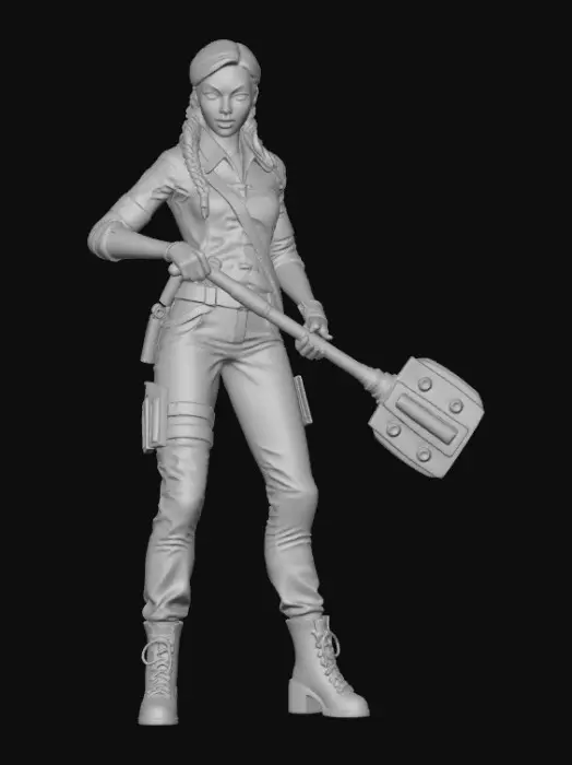 3D model for Make a new fallout character that is a girl wearing a vault 111 suite that is carrying a war hammer