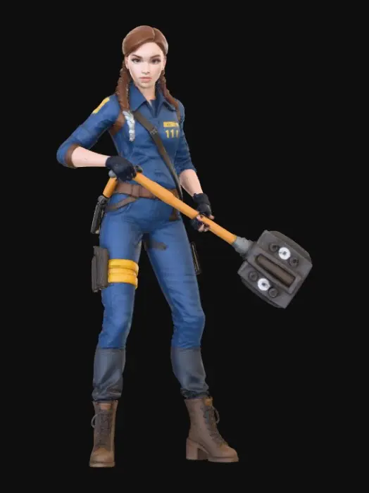3D model for Make a new fallout character that is a girl wearing a vault 111 suite that is carrying a war hammer