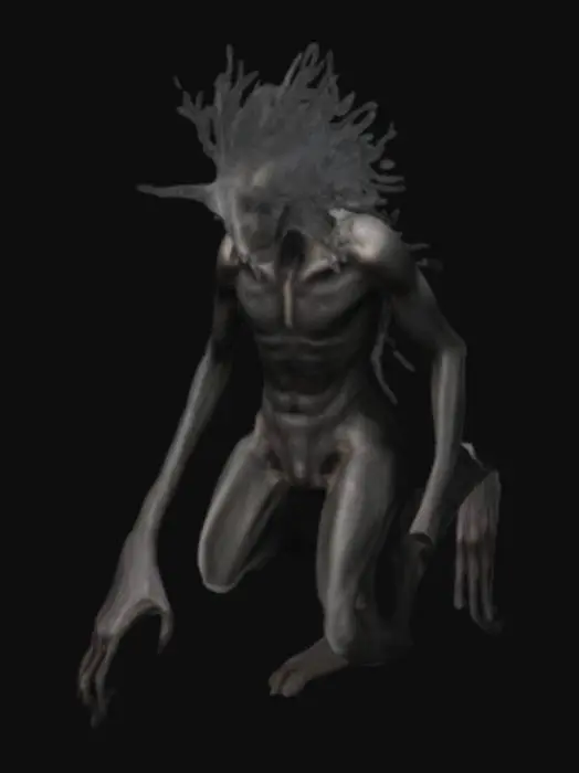 3D model for scary man with long arms and short legs, tall and asymetrical, long hard, short arm, big knee, black