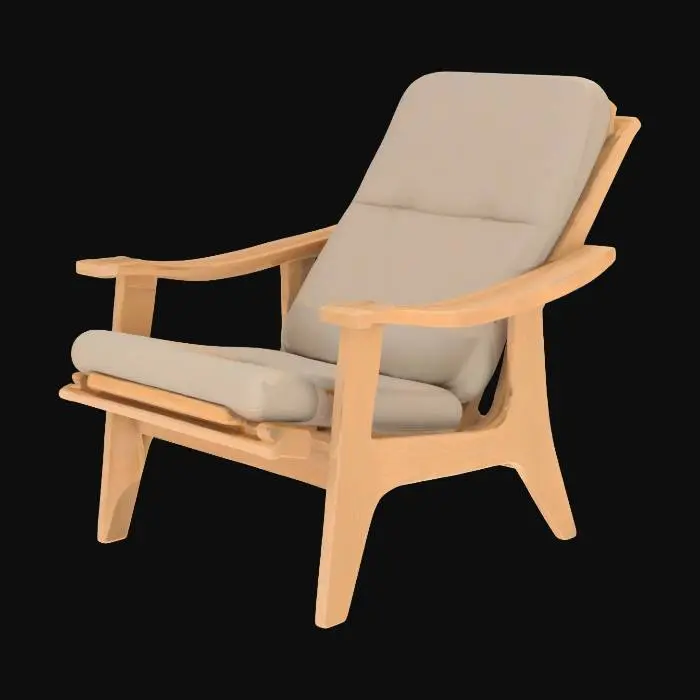 3D model for Design a modern and aesthetically pleasing lounge chair that balances elegance with functional structural integrity. The chair should have clean, minimal lines with ergonomic contours for comfortable seating. Use natural wood or plywood for the main frame, and incorporate clear, realistic joinery such as dowel joints, mortise and tenon, or metal brackets to ensure stability and ease of assembly. The design must be optimized for flat-pack manufacturing and CNC cutting, with clearly visible joints that align precisely. Include exploded view elements or annotations to show how components fit together, making it ideal for self-assembly or small-scale production."