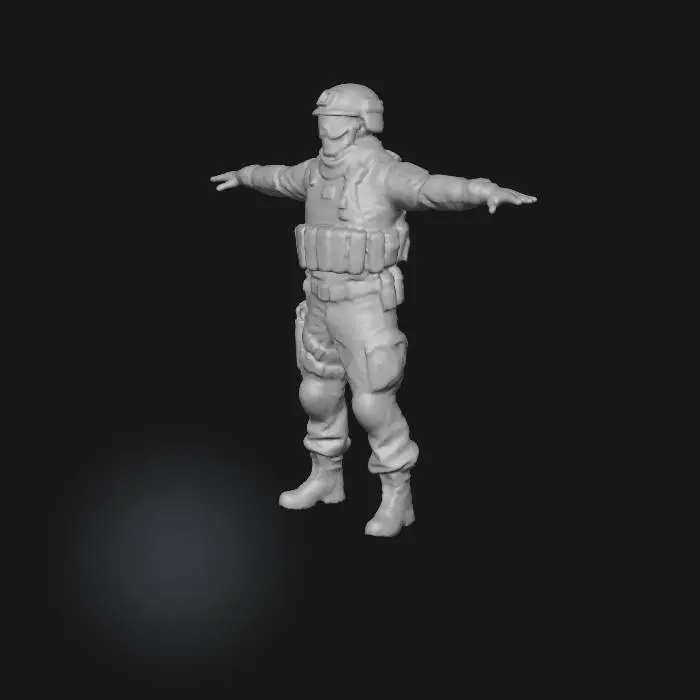 3D model for A 3D character model of a desert-themed military soldier in a T-pose. Wearing tan/beige digital camo uniform, lightweight tactical vest, tan helmet with goggles pushed up, desert scarf around neck. Boots covered in sand texture. Soldier has light beard, rugged facial details, and fingerless gloves. Clothing includes thigh holster (empty), utility bags, and hydration pack. Full body is clearly visible for 3D reference. No weapons.