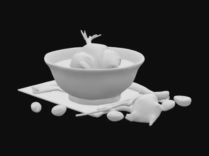 3D model for (masterpiece:1.5), (best quality:1.4), (ultra-detailed:1.3),
A realistic 3D render of a traditional Chinese herbal soup, featuring a small whole quail (Synoicus chinensis) simmered in a clear golden broth. Visible herbs include Codonopsis root (dangshen), goji berries, red dates, and astragalus root. Served in a porcelain bowl, with gentle rising steam, tender quail meat, and floating red-orange herbal accents. Photorealistic, cinematic lighting, high detail textures, food photography style, 45-degree angle, shallow depth of field, placed on a dark wooden table background.