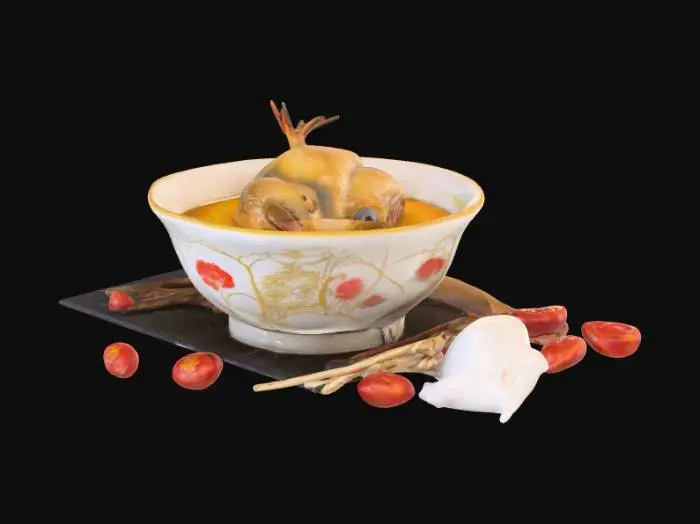 3D model for (masterpiece:1.5), (best quality:1.4), (ultra-detailed:1.3),
A realistic 3D render of a traditional Chinese herbal soup, featuring a small whole quail (Synoicus chinensis) simmered in a clear golden broth. Visible herbs include Codonopsis root (dangshen), goji berries, red dates, and astragalus root. Served in a porcelain bowl, with gentle rising steam, tender quail meat, and floating red-orange herbal accents. Photorealistic, cinematic lighting, high detail textures, food photography style, 45-degree angle, shallow depth of field, placed on a dark wooden table background.
