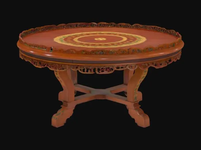 3D model for an ornate, vintage, wood construction round mahjong table you would find in a 1980's hong kong cafe