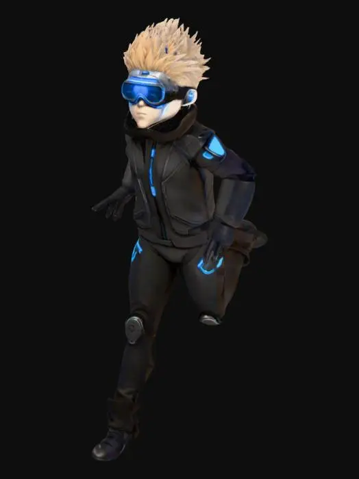 3D model for young sleek male cyber-spy, hybrid human-machine, full-body, anime style, athletic but slim, large expressive eyes, light-brown spiky hair under streamlined tactical helmet with retractable metallic goggles (glowing electric-blue circuit lines). Matte-black infiltration suit with electric-blue accents. Ultra-thin backpack flush to back. Subtle cybernetic ports, otherwise human. Character in T-pose, arms fully extended sideways, palms down, standing upright for rigging. Neutral grey background, soft lighting. High-detail cel-shaded texture, focus on clean edge lines and uniform shading.
