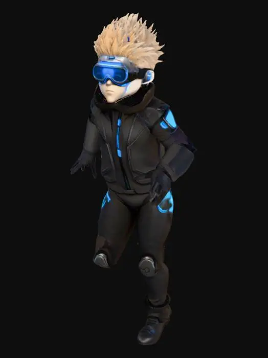 3D model for young sleek male cyber-spy, hybrid human-machine, full-body, anime style, athletic but slim, large expressive eyes, light-brown spiky hair under streamlined tactical helmet with retractable metallic goggles (glowing electric-blue circuit lines). Matte-black infiltration suit with electric-blue accents. Ultra-thin backpack flush to back. Subtle cybernetic ports, otherwise human. Character in T-pose, arms fully extended sideways, palms down, standing upright for rigging. Neutral grey background, soft lighting. High-detail cel-shaded texture, focus on clean edge lines and uniform shading.

