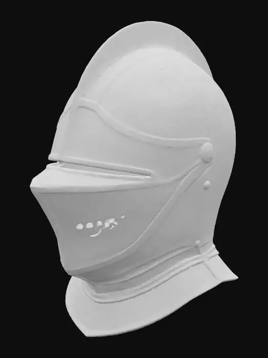 3D model for Ultra realistic wearable medieval knight helmet, late medieval style, polished steel, intricate engravings, functional visor (can be lifted), subtle battle wear, real metallic reflections, soft shadows, studio lighting, 8K, hyper detailed, photorealistic style.