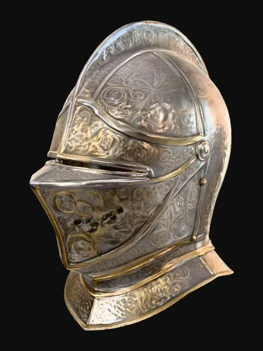 3D model for Ultra realistic wearable medieval knight helmet, late medieval style, polished steel, intricate engravings, functional visor (can be lifted), subtle battle wear, real metallic reflections, soft shadows, studio lighting, 8K, hyper detailed, photorealistic style.