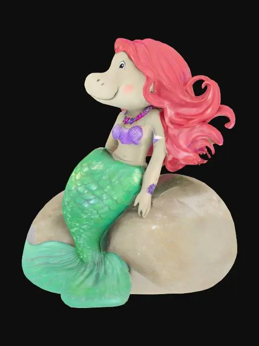 3D model for [Florida] A manatee dressed as a beautiful mermaid with flowing red hair, a purple sea shell top and green shimmery tail resting on a rock #AroundTheWorld#