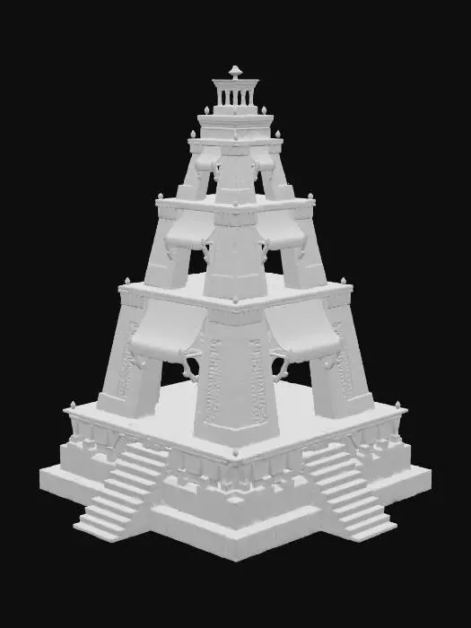 3D model for A majestic tiered structure, resembling an ancient sandstone ziggurat, rises with numerous wide staircases leading to various levels. Its construction features weathered, light beige stone blocks with subtle carved details and visible mortar lines, creating a rough, sturdy texture. Vibrant blue fabric awnings, some with wooden supports, provide shade over open market stalls and doorways, while a single reddish-brown canopy adds color variation. The upper platforms incorporate distinct sections of small blue tiles, and decorative golden lanterns illuminate the pathways and railings.