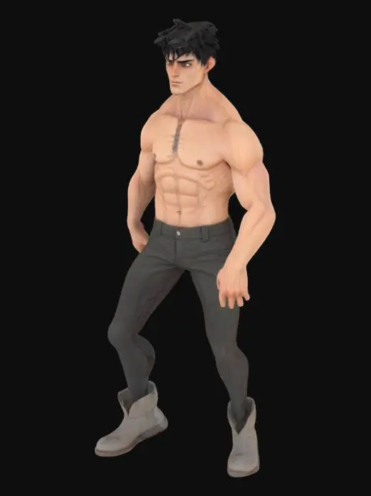 3D model for A slim and slightly frail male hero His body is lean, with visible collarbones and subtle muscle definition, hinting at untapped potential. His facial features are sharp but slightly youthful, with piercing eyes that reflect both curiosity and hidden strength. His messy black hair falls naturally over his forehead. His stance suggests inexperience, yet an underlying resilience. His skin is pale and smooth, with faint traces of dormant energy barely visible under lighting.