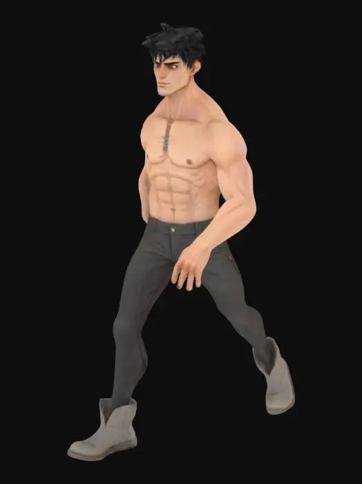 3D model for A slim and slightly frail male hero His body is lean, with visible collarbones and subtle muscle definition, hinting at untapped potential. His facial features are sharp but slightly youthful, with piercing eyes that reflect both curiosity and hidden strength. His messy black hair falls naturally over his forehead. His stance suggests inexperience, yet an underlying resilience. His skin is pale and smooth, with faint traces of dormant energy barely visible under lighting.