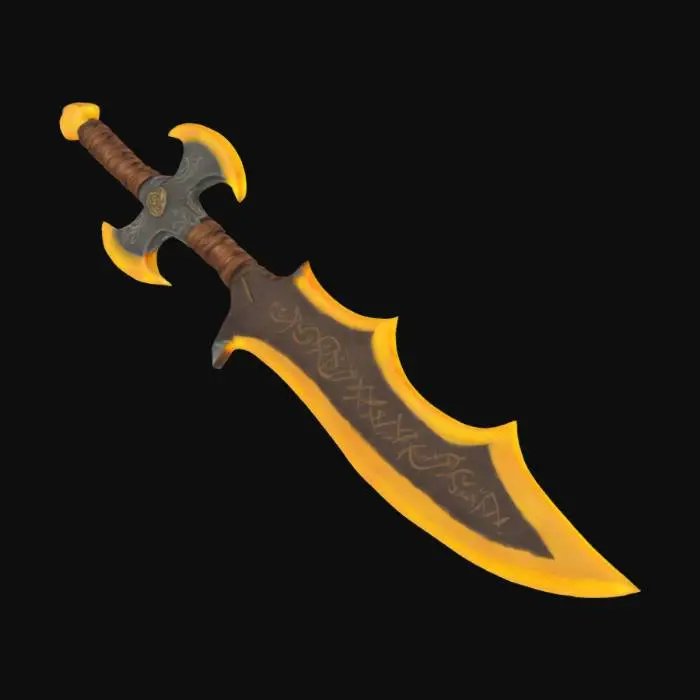 3D model for A massive glaive with a broad, rune-etched blade. The glaive’s shaft is wrapped in enchanted leather, and the blade hums with elemental energy. When swung, the glaive summons gusts of wind, stone fragments, or even bursts of fire., #fairy#