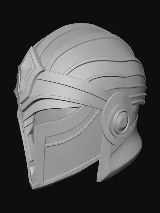 3D model for Create an original high-detail 3D full-head royal helmet for a game avatar.
Style: elite, luxury, high-status.
Shape: fully enclosed helmet covering the entire head, smooth rounded shell with layered segmented panels and a refined visor or mask plate.
NO spikes, NO horns, NO sharp crown points, NO V shapes.
Details: central gem crest or thin halo ring, clean symmetrical geometry.
Materials: matte black obsidian metal with brushed gold trim.
Accents: subtle emissive violet glow.
Game-ready, optimized topology, wearable head accessory.