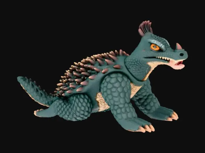 3D model for A little boy dressed in a full body costume of the Spiky Creature, Anguirus, who is a Toho kiaju character. for Halloween. he is crawling around on his hands and knees while in the costume. 8K, ulta-poly. #Halloween2025#