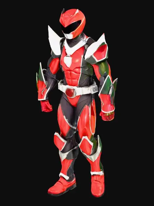 3D model for A heroic Power Ranger character, clad in a sleek, segmented suit of vibrant, glossy armor that reflects light with a subtle metallic sheen. The helmet features a distinct visor shape and intricate detailing, obscuring the face but conveying a determined expression. Its athletic posture suggests readiness for action, with powerful limbs and a form-fitting design emphasizing strength and agility. The suit's texture is smooth but with defined ridges and panels, highlighted by contrasting accent colors.