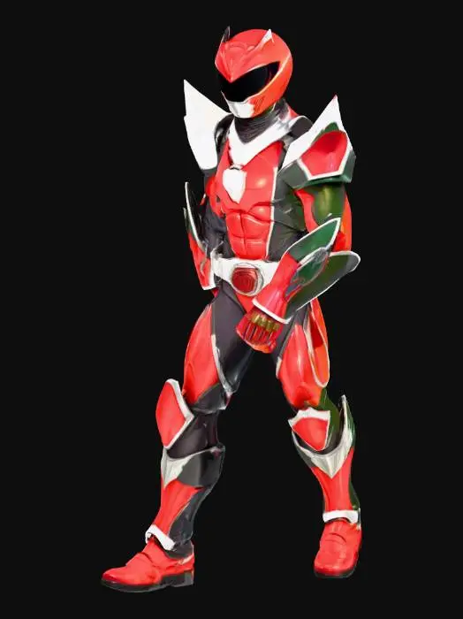 3D model for A heroic Power Ranger character, clad in a sleek, segmented suit of vibrant, glossy armor that reflects light with a subtle metallic sheen. The helmet features a distinct visor shape and intricate detailing, obscuring the face but conveying a determined expression. Its athletic posture suggests readiness for action, with powerful limbs and a form-fitting design emphasizing strength and agility. The suit's texture is smooth but with defined ridges and panels, highlighted by contrasting accent colors.