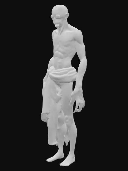 3D model for A terrifying humanoid horror character, tall and thin with pale cracked skin, glowing white eyes, elongated fingers with sharp claws, wearing torn and blood-stained clothing, eerie stitched mouth, dark shadowy aura around the body, designed for a horror survival game, ultra-detailed, realistic textures, creepy atmosphere, game-ready style