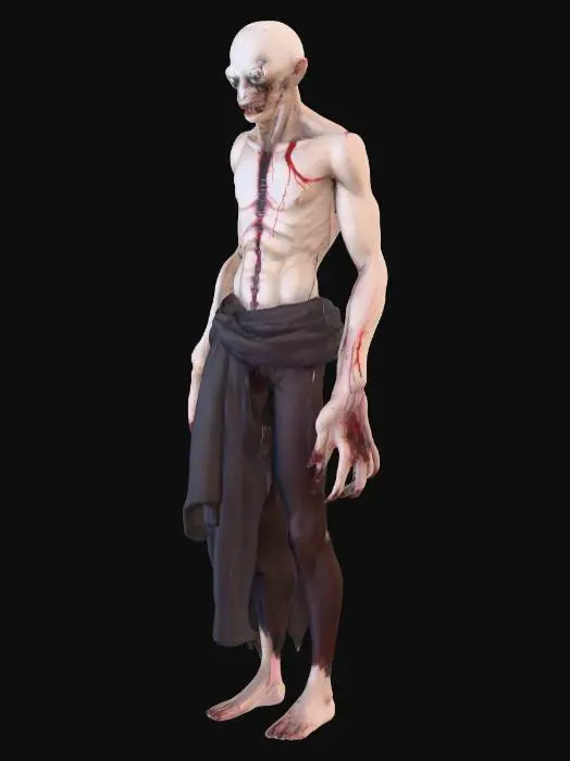 3D model for A terrifying humanoid horror character, tall and thin with pale cracked skin, glowing white eyes, elongated fingers with sharp claws, wearing torn and blood-stained clothing, eerie stitched mouth, dark shadowy aura around the body, designed for a horror survival game, ultra-detailed, realistic textures, creepy atmosphere, game-ready style